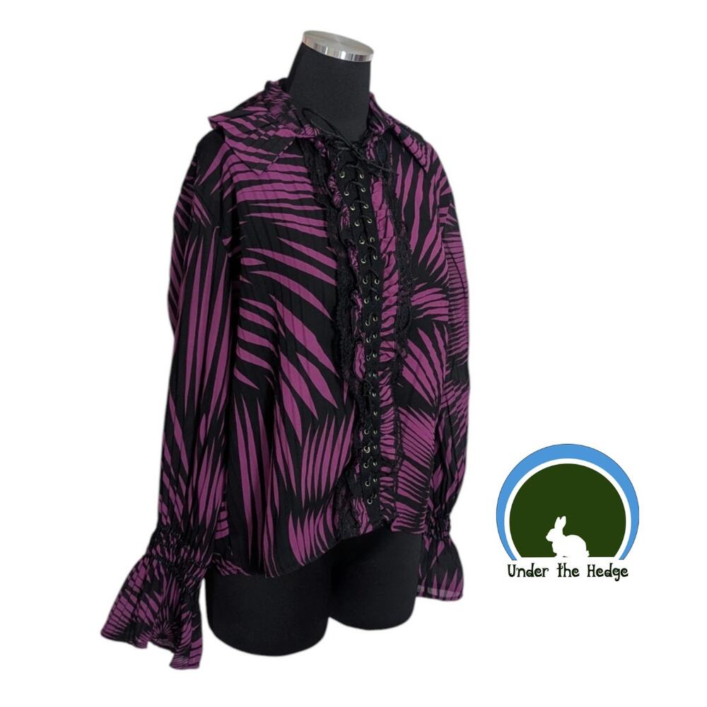 Y2K Dress-U Magenta Black Lace Up Bell Sleeve Top Size Small Goth Grunge